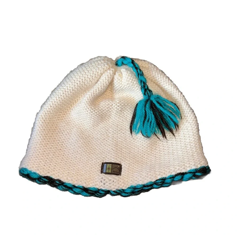 Dohm Icebox Beanie Hat Alpaca Tassel Dragonfly Ivory Teal Winter Lined USA OS